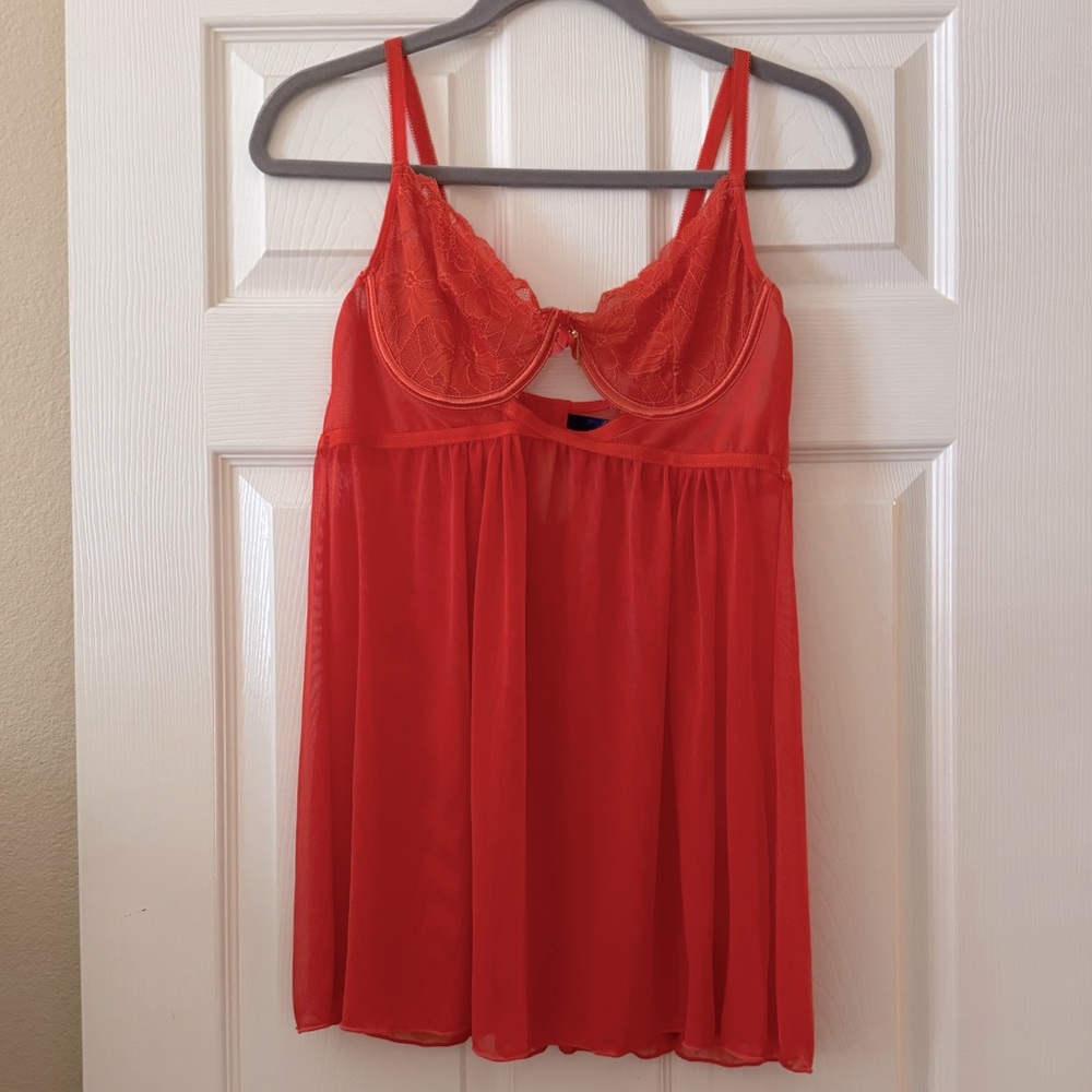 Sheer Baby Doll Nightie in Orange with Lace Accents
